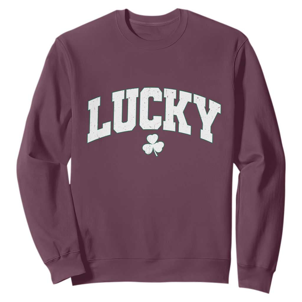 Retro Lucky Sweatshirt St Patricks Day Irish Shamrock Varsity TS10 Maroon Print Your Wear