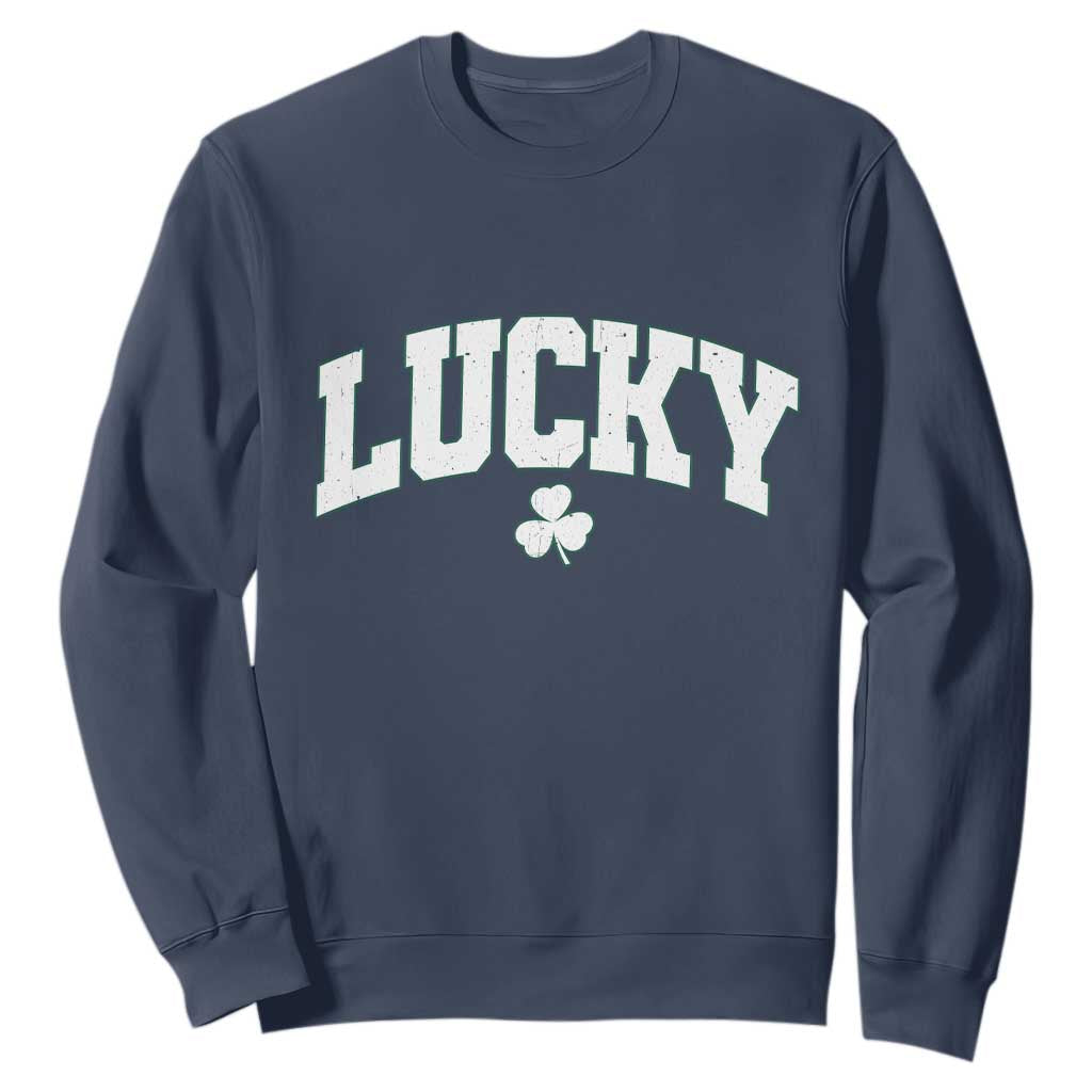 Retro Lucky Sweatshirt St Patricks Day Irish Shamrock Varsity TS10 Navy Print Your Wear