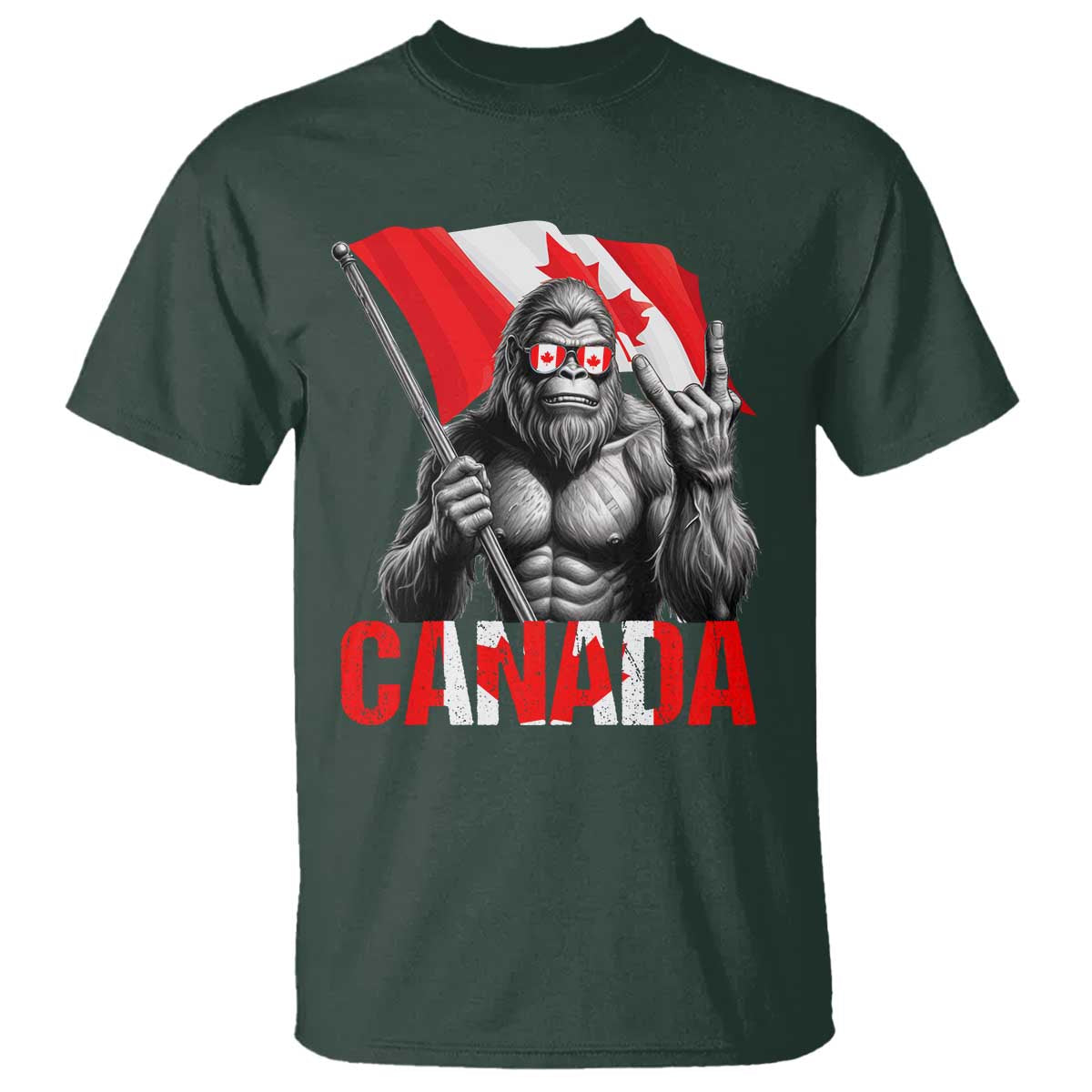 Bigfoot Canada Flag T Shirt Canadian Maple Leaf Patriotic Sasquatch TS10 Dark Forest Green Print Your Wear