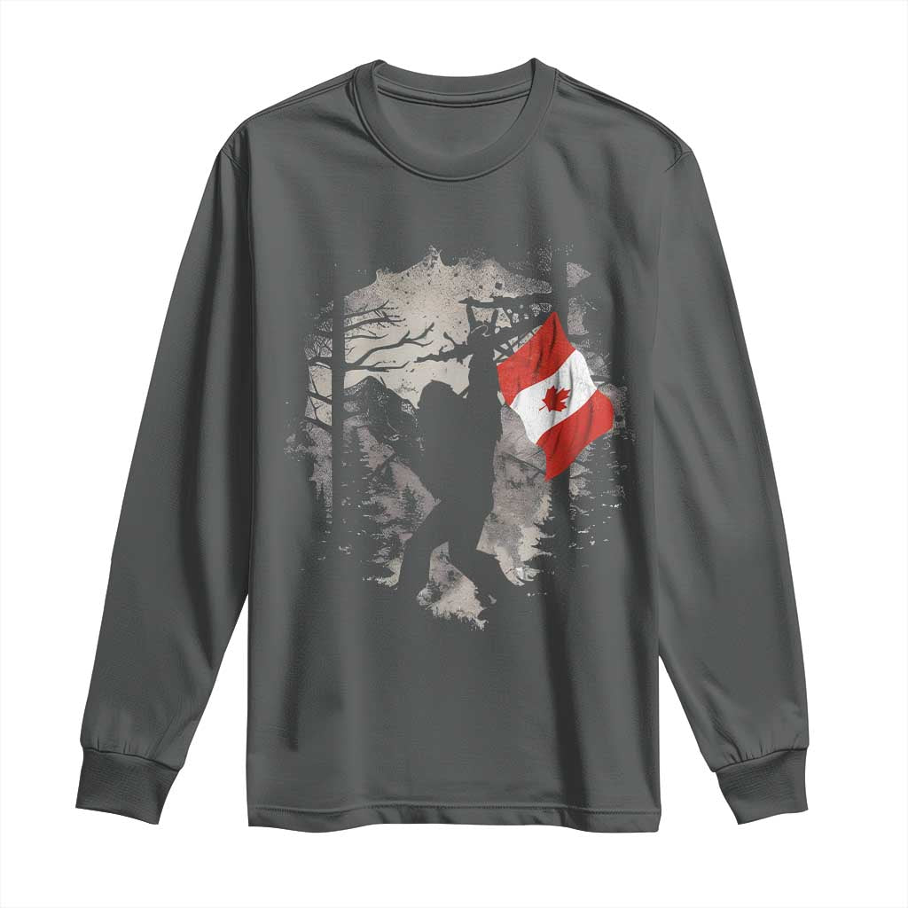 Bigfoot Canada Flag Long Sleeve Shirt Retro Sasquatch Forest Rock On TS10 Dark Heather Print Your Wear