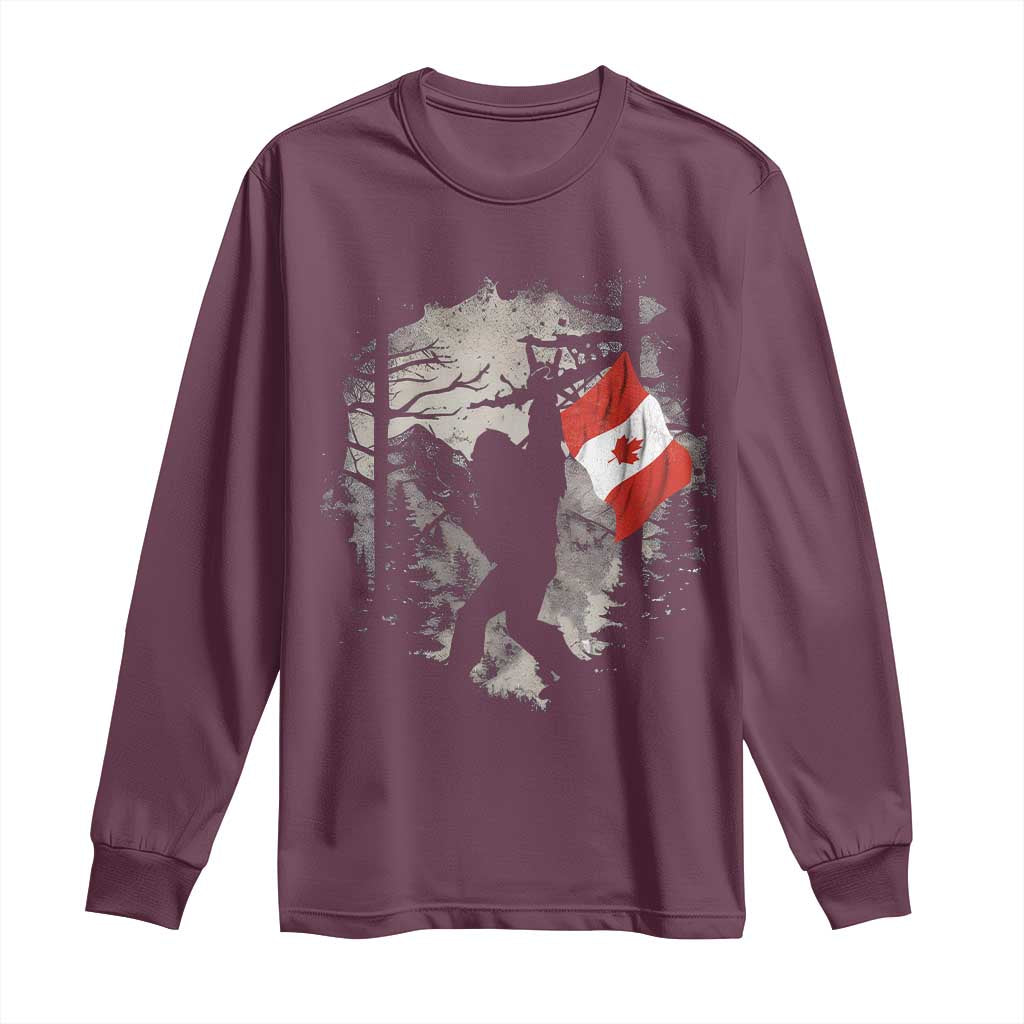 Bigfoot Canada Flag Long Sleeve Shirt Retro Sasquatch Forest Rock On TS10 Maroon Print Your Wear