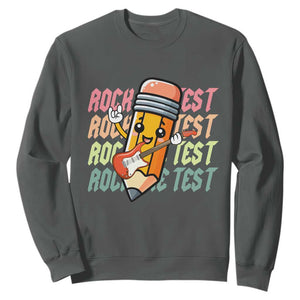 Teacher Rock The Test Day Sweatshirt Testing Motivational TS10 Dark Heather Print Your Wear