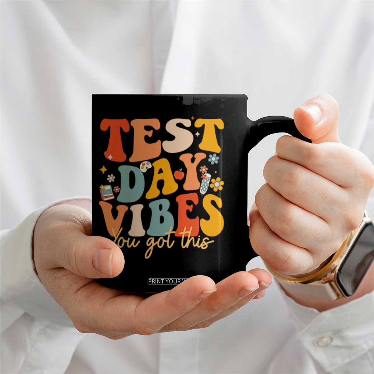 Test Day Vibes Coffee Mug Teacher Groovy Testing Day Exam TS10 Print Your Wear
