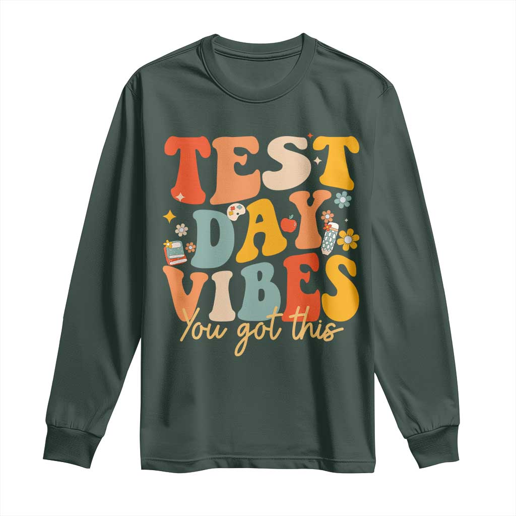 Test Day Vibes Long Sleeve Shirt Teacher Groovy Testing Day Exam TS10 Dark Forest Green Print Your Wear