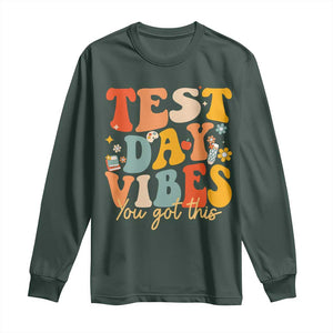 Test Day Vibes Long Sleeve Shirt Teacher Groovy Testing Day Exam TS10 Dark Forest Green Print Your Wear