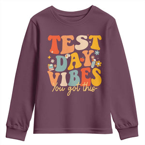 Test Day Vibes Youth Sweatshirt Teacher Groovy Testing Day Exam TS10 Maroon Print Your Wear