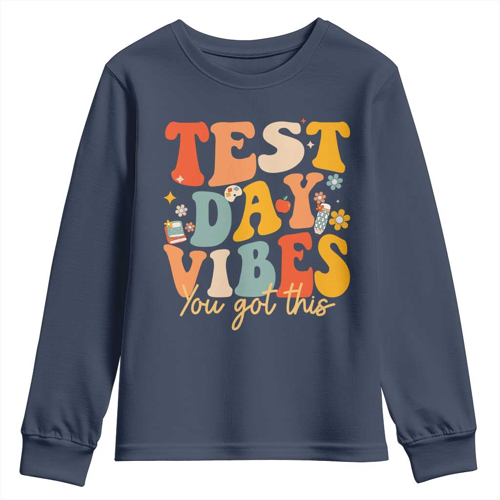 Test Day Vibes Youth Sweatshirt Teacher Groovy Testing Day Exam TS10 Navy Print Your Wear