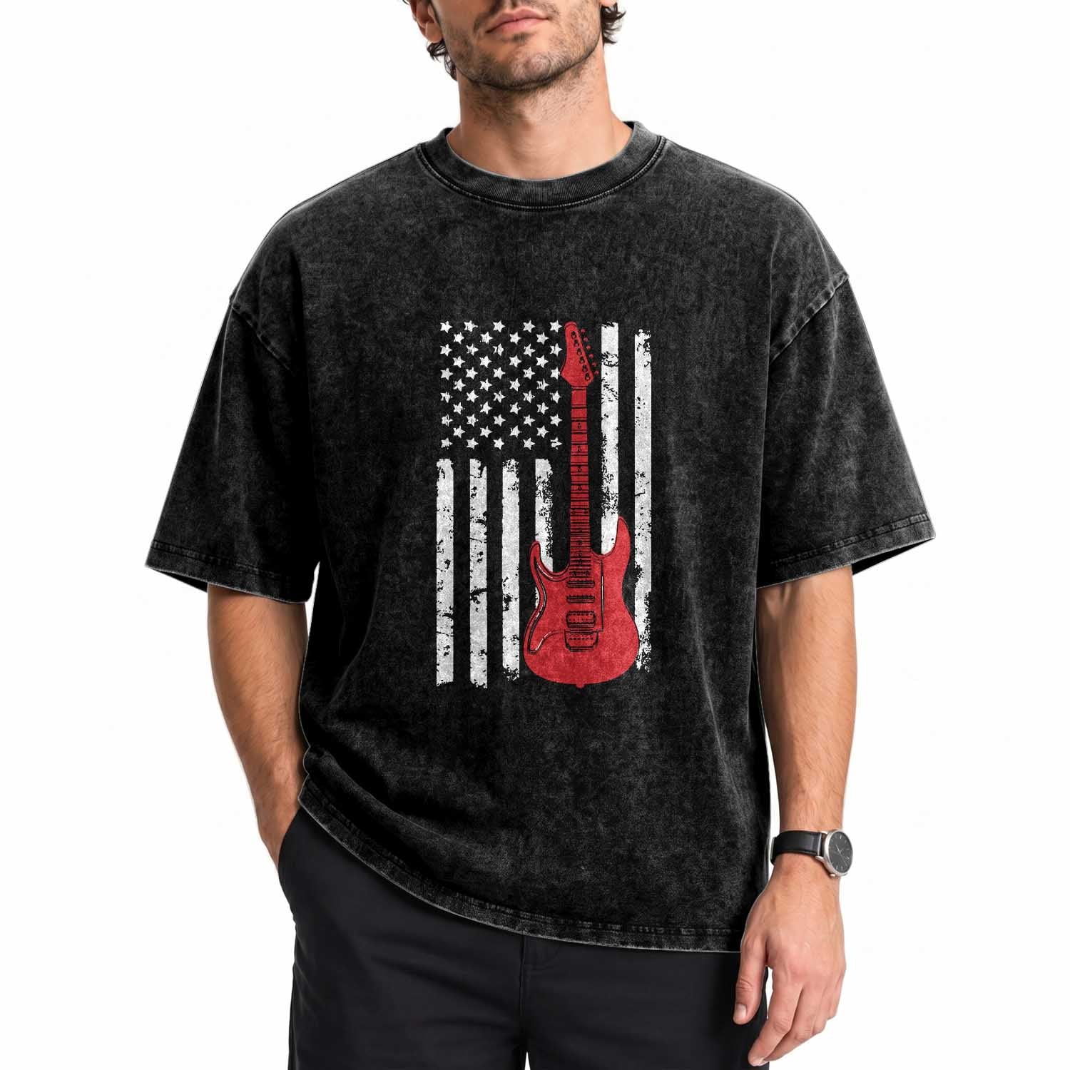 Bass Guitar Player Washed Cotton T-Shirt USA American Flag Musician Guitarist