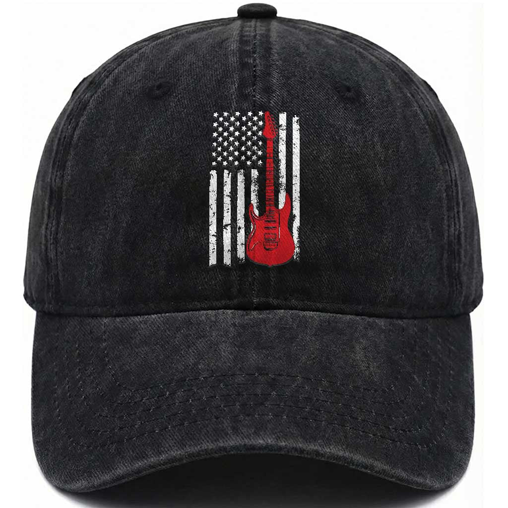 Bass Guitar Player Washed Cotton Baseball Cap USA American Flag Musician Guitarist TS10 Washed Cap Universal Fit Black Print Your Wear