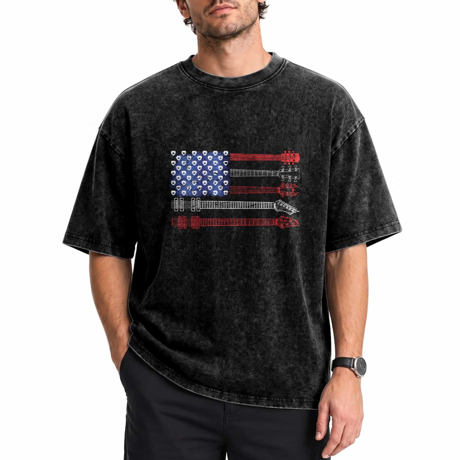 USA Flag Guitar Player Washed Cotton T-Shirt 4th of July Musician Guitarist