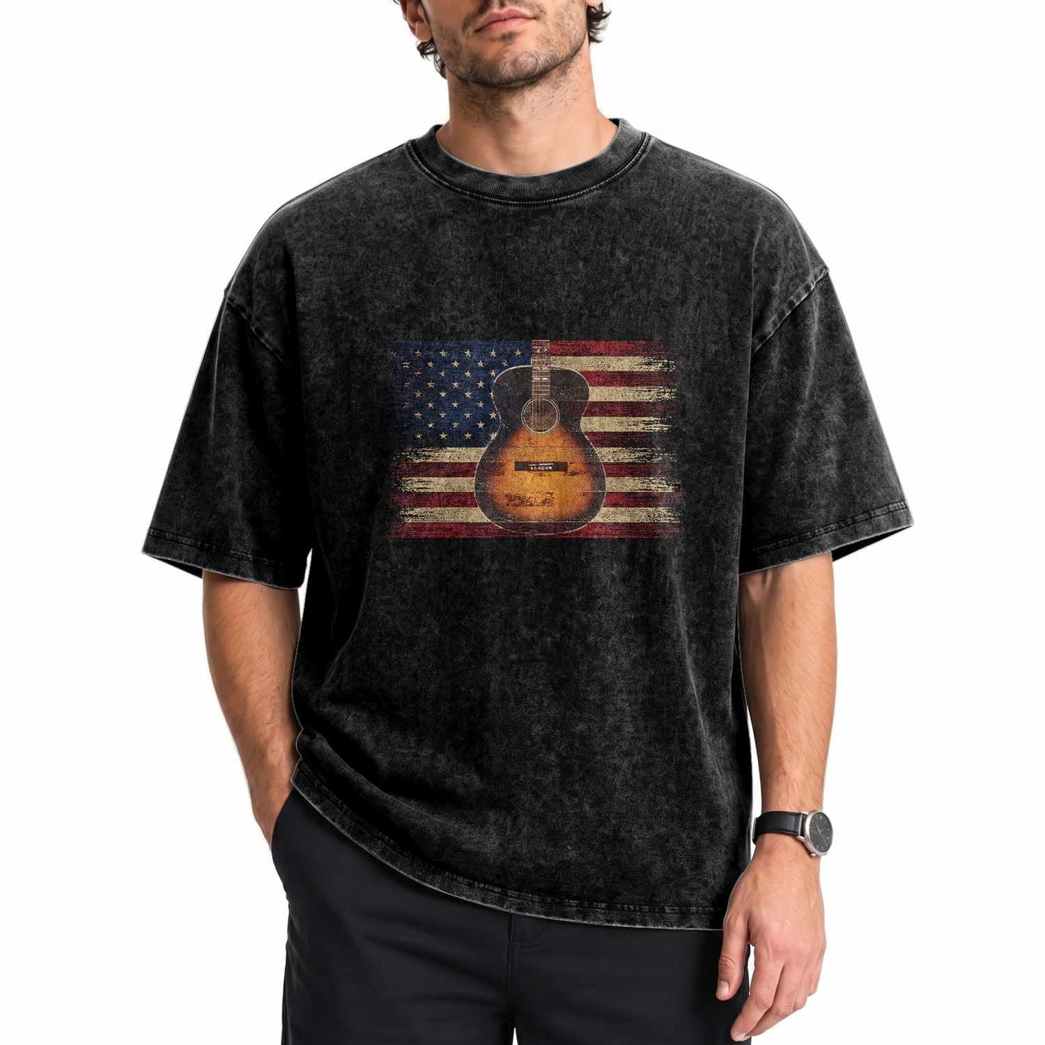USA Flag Guitar Player Washed Cotton T-Shirt Retro 4th of July Musician Guitarist