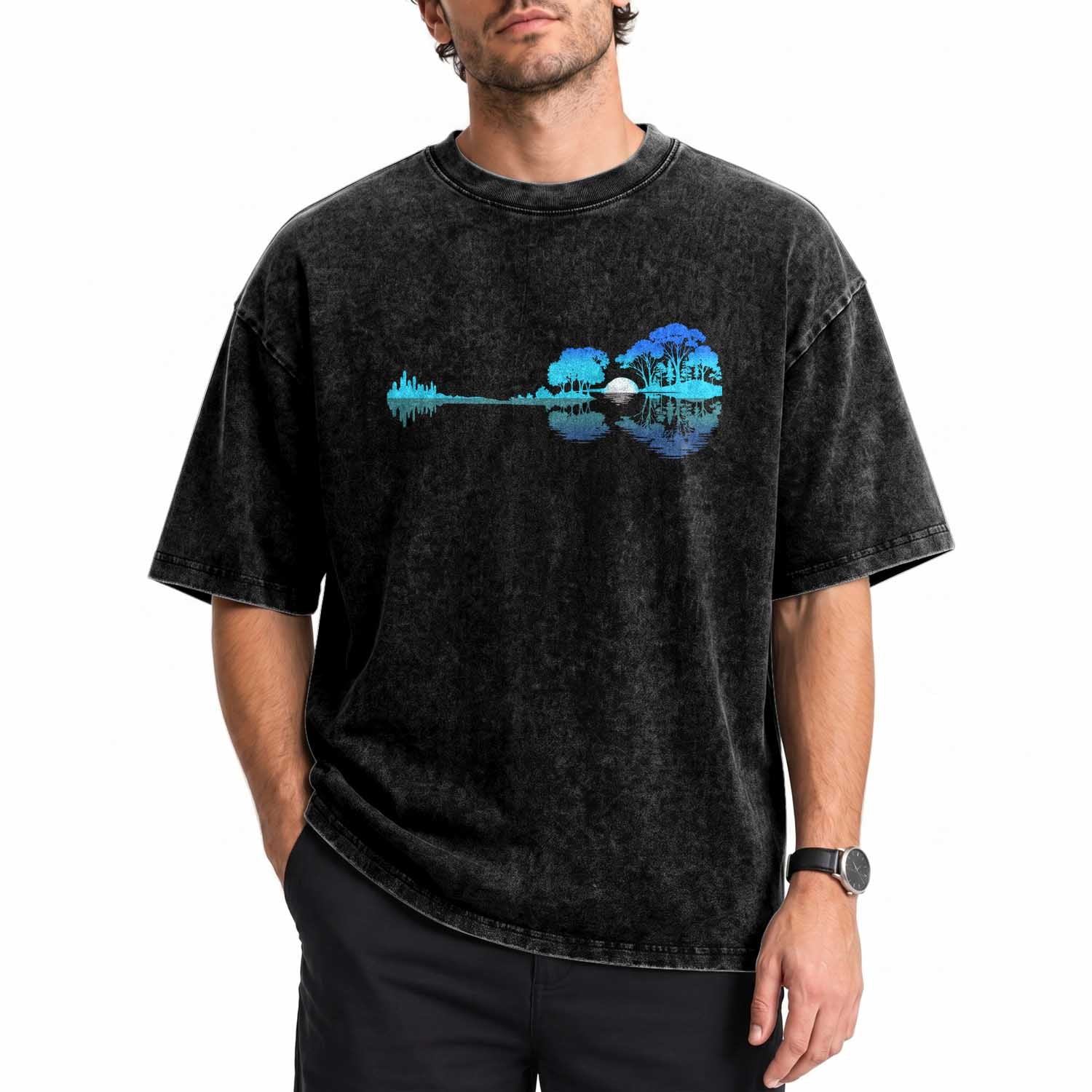 Guitar Lake Washed Cotton T-Shirt Retro Tree Shadow Acoustic Guitarist Musician