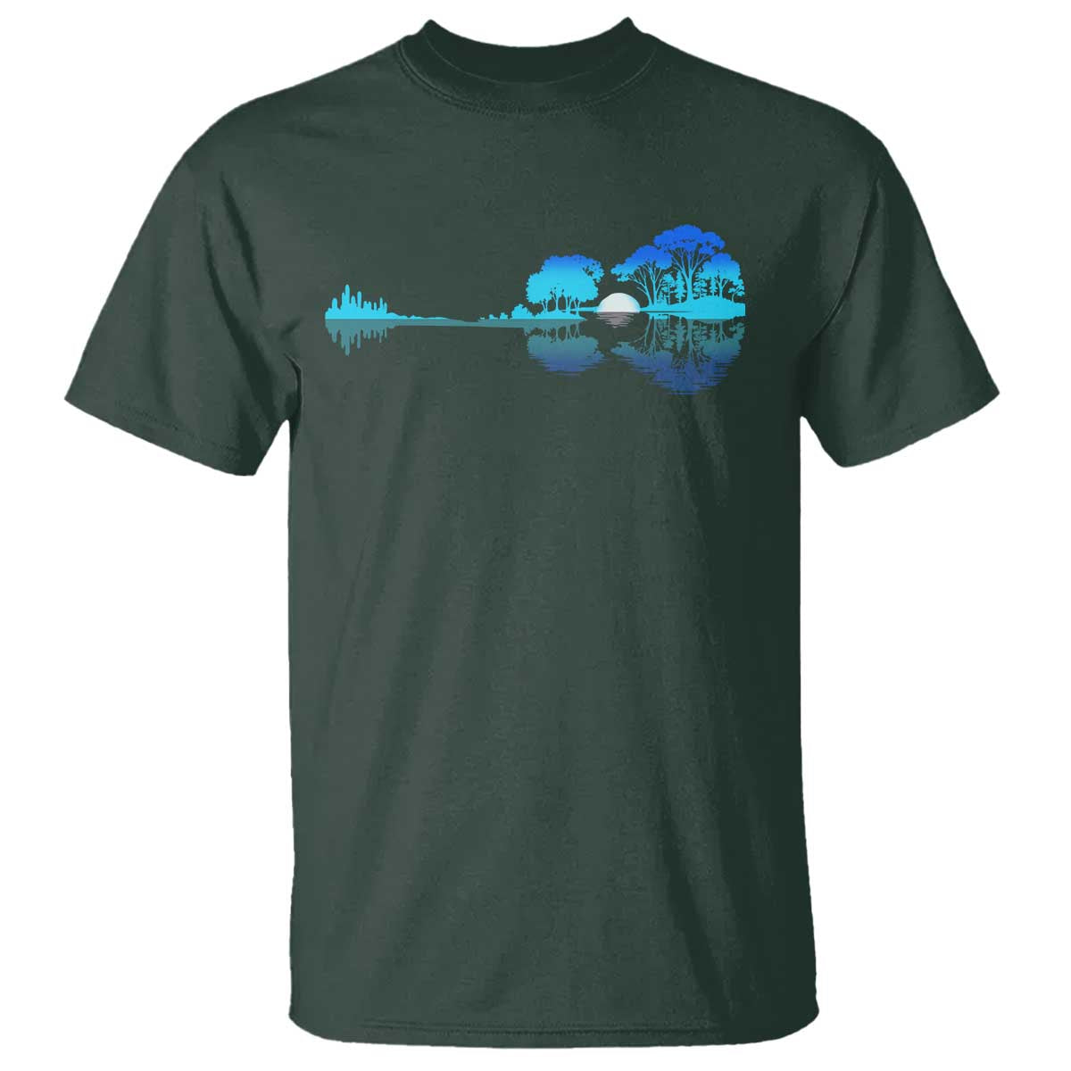 Guitar Lake T Shirt Retro Tree Shadow Acoustic Guitarist Musician TS10 Dark Forest Green Print Your Wear
