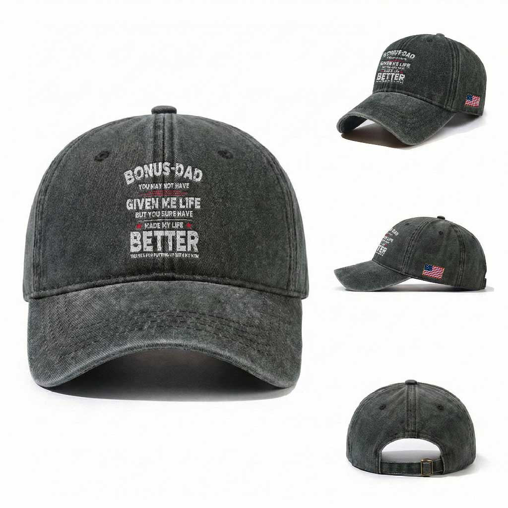 Bonus dad Washed Cotton Baseball Cap Step Dad Fathers Day TS10 Washed Cap Universal Fit Dark Green Print Your Wear