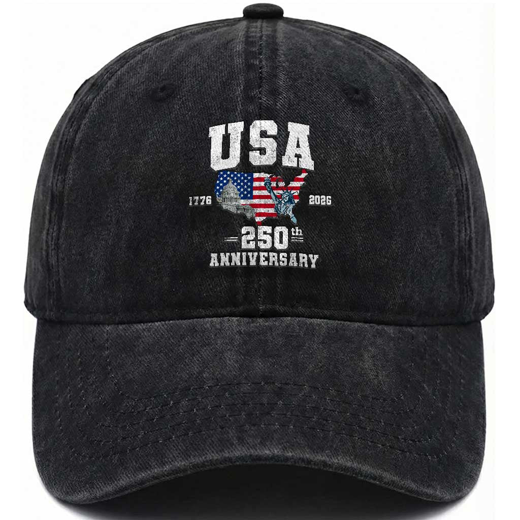 250th Anniversary USA Washed Cotton Baseball Cap 4th of July America US Flag Patriotic 250 Years American Flag TS10 Print Your Wear