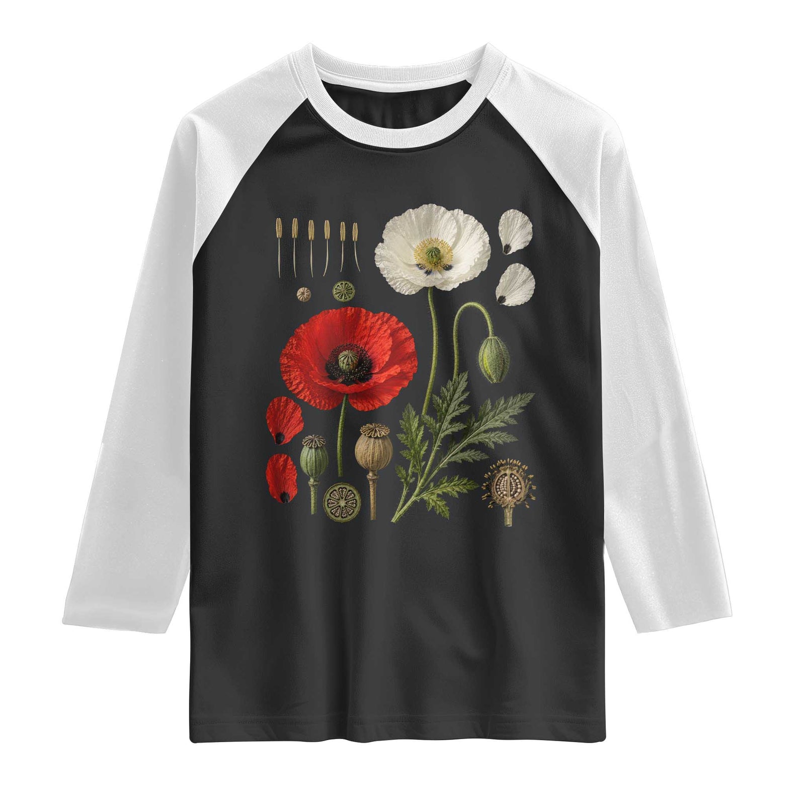 Summer Red Poppy Flower Botanical Poppies Vintage Print Memorial Day Floral Graphic Raglan Shirt TS10 Black White Print Your Wear