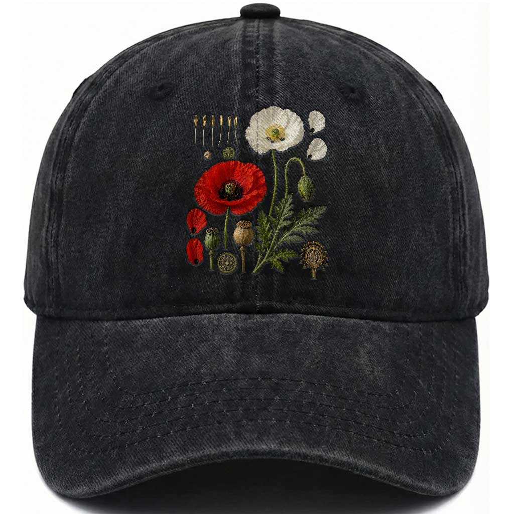 Summer Red Poppy Flower Botanical Poppies Vintage Print Memorial Day Floral Graphic Washed Cotton Baseball Cap TS10 Print Your Wear