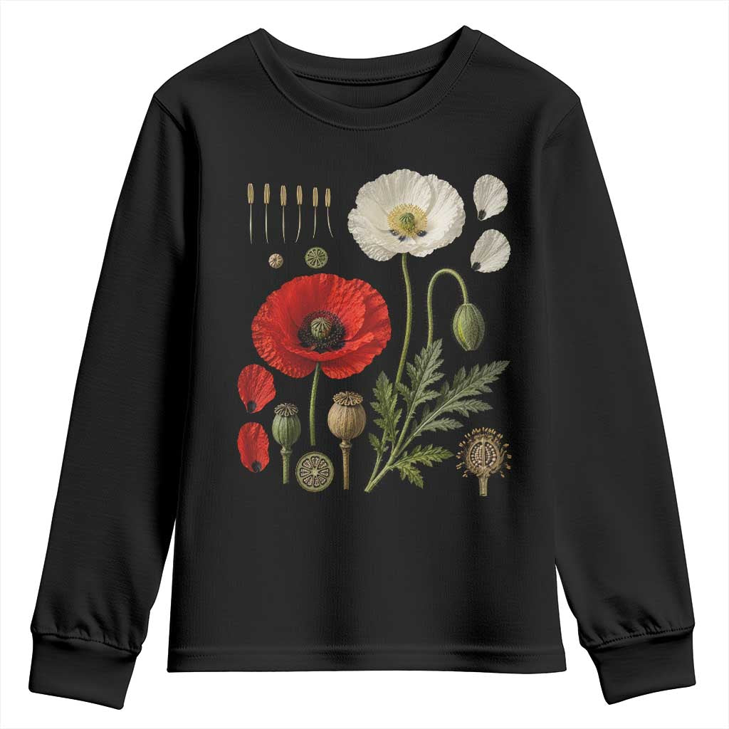 Summer Red Poppy Flower Botanical Poppies Vintage Print Memorial Day Floral Graphic Youth Sweatshirt TS10 Black Print Your Wear