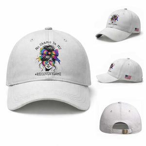 No Shame In My Recovery Game Baseball Cap Messy Bun Semicolon Graphic TS10 Baseball Cap Universal Fit White Print Your Wear