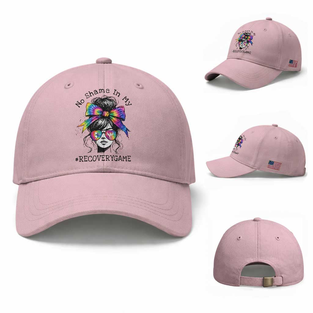 No Shame In My Recovery Game Baseball Cap Messy Bun Semicolon Graphic TS10 Baseball Cap Universal Fit Light Pink Print Your Wear