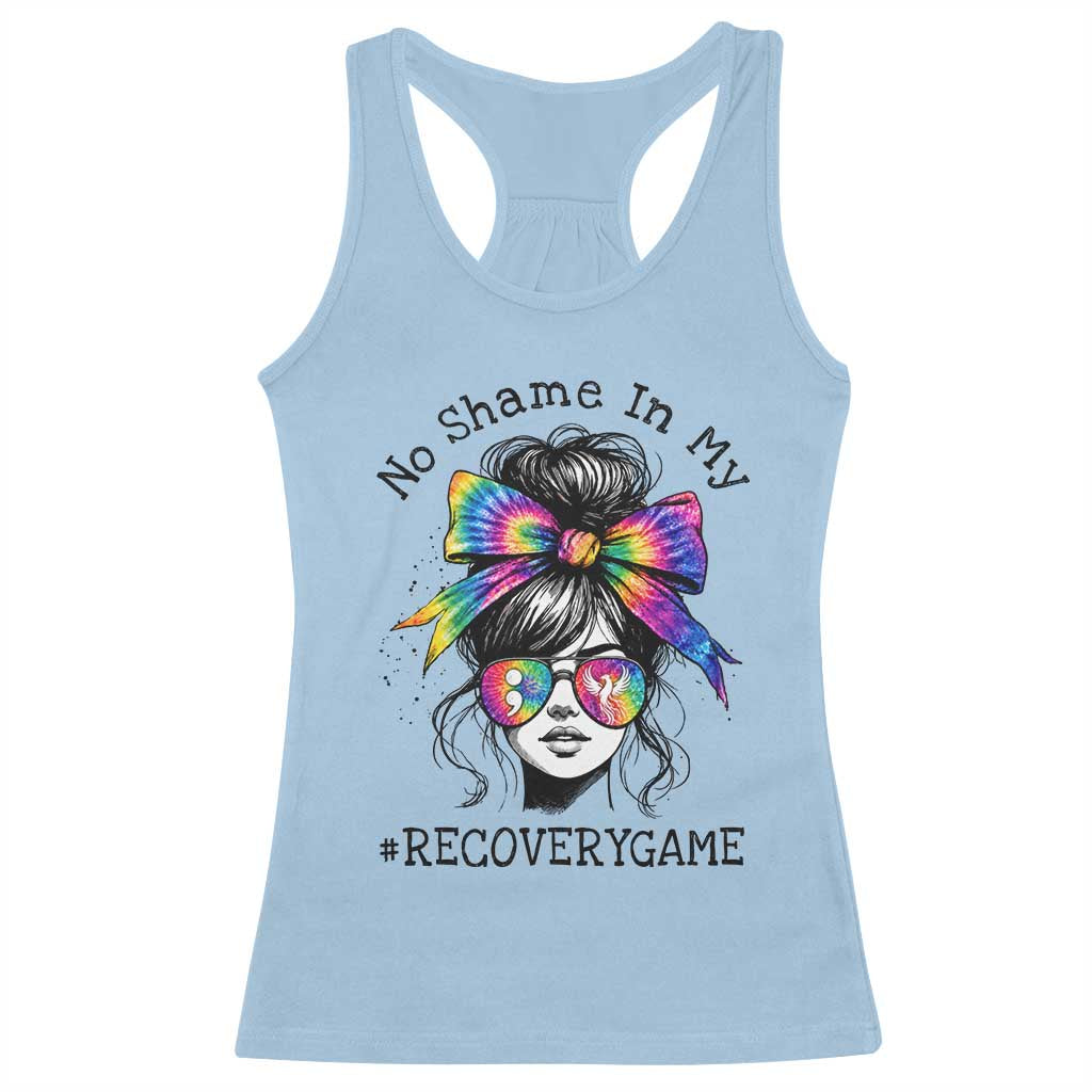No Shame In My Recovery Game Racerback Tank Top Messy Bun Semicolon Graphic TS10 Light Blue Print Your Wear