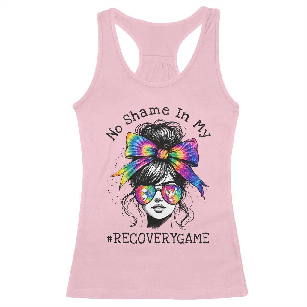 No Shame In My Recovery Game Racerback Tank Top Messy Bun Semicolon Graphic TS10 Light Pink Print Your Wear