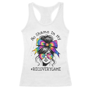 No Shame In My Recovery Game Racerback Tank Top Messy Bun Semicolon Graphic TS10 White Print Your Wear