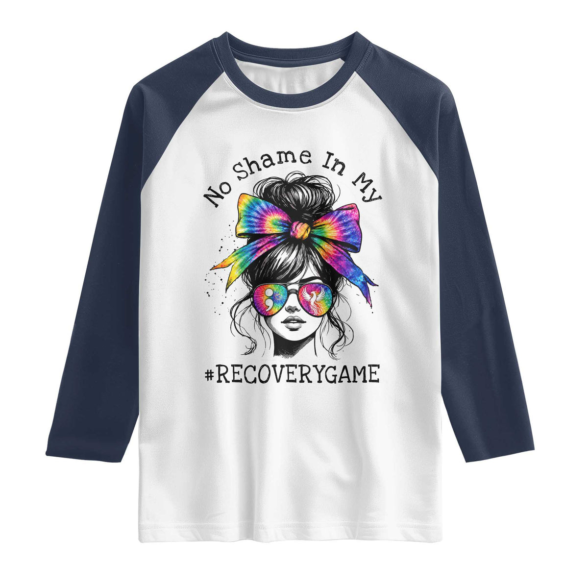 No Shame In My Recovery Game Raglan Shirt Messy Bun Semicolon Graphic TS10 White Navy Print Your Wear