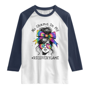 No Shame In My Recovery Game Raglan Shirt Messy Bun Semicolon Graphic TS10 White Navy Print Your Wear