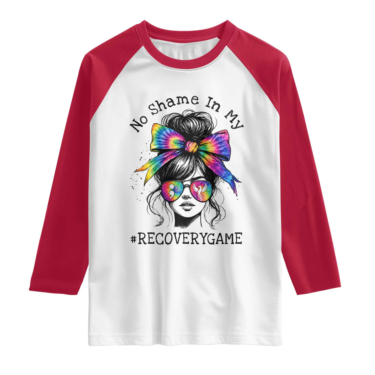 No Shame In My Recovery Game Raglan Shirt Messy Bun Semicolon Graphic TS10 White Red Print Your Wear