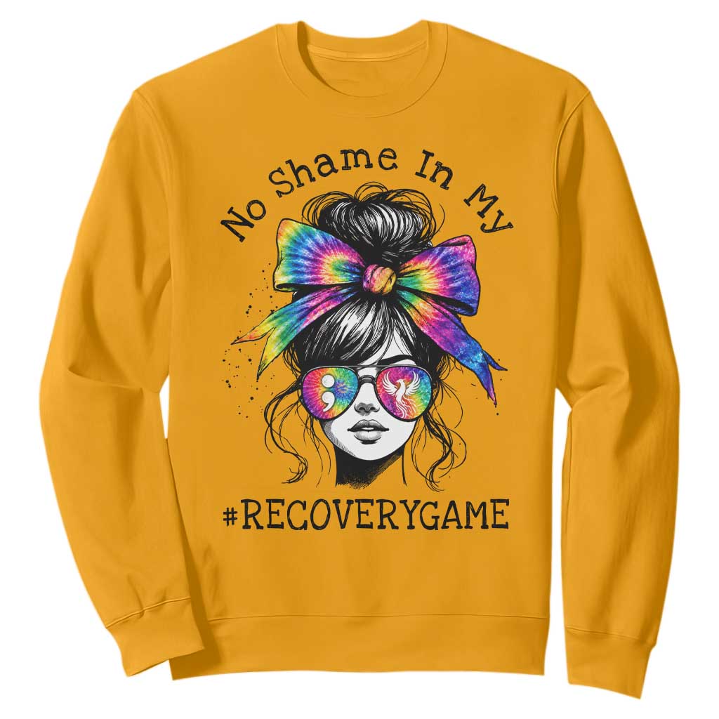 No Shame In My Recovery Game Sweatshirt Messy Bun Semicolon Graphic TS10 Gold Print Your Wear