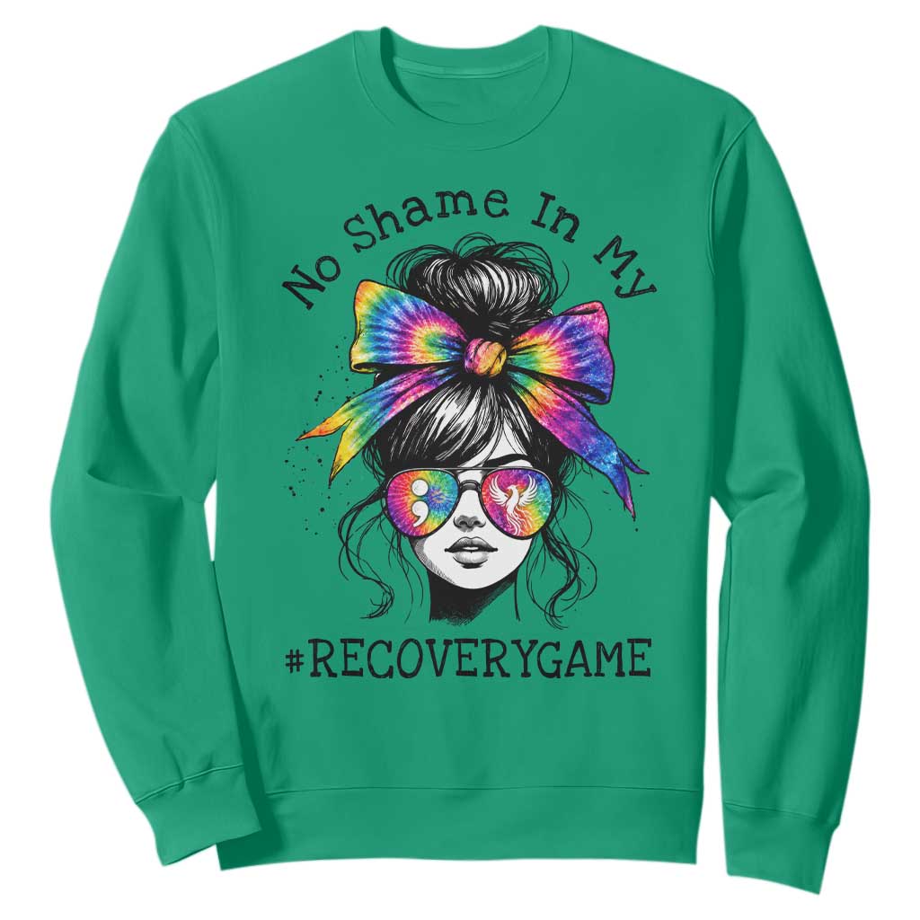 No Shame In My Recovery Game Sweatshirt Messy Bun Semicolon Graphic TS10 Irish Green Print Your Wear
