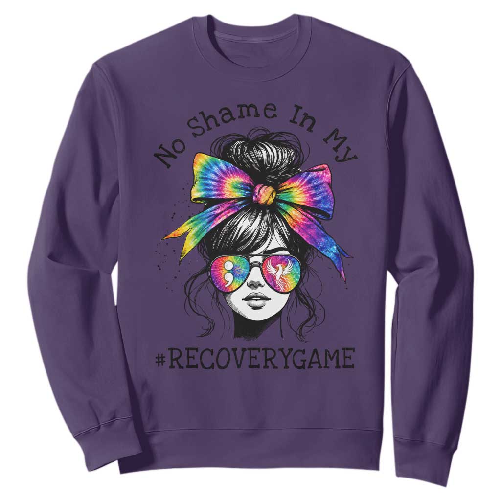 No Shame In My Recovery Game Sweatshirt Messy Bun Semicolon Graphic TS10 Purple Print Your Wear