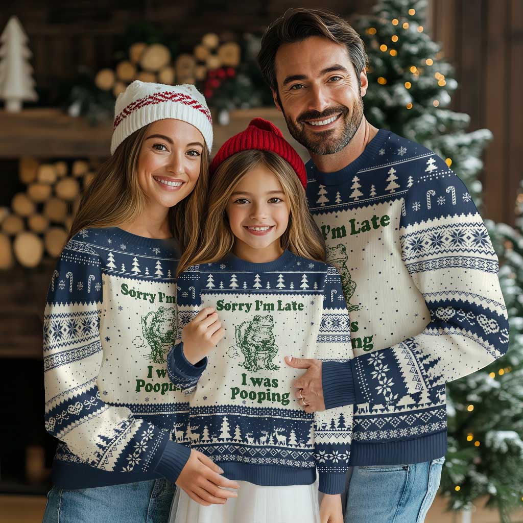 Sorry Im Late I Was Pooping Funny Frog Meme Ugly Christmas Sweater TS10 Beige Navy Print Your Wear