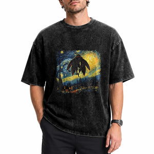 Mothman Washed Cotton T-Shirt Starry Night Van Gogh Cryptid Lover TS10 Print Your Wear
