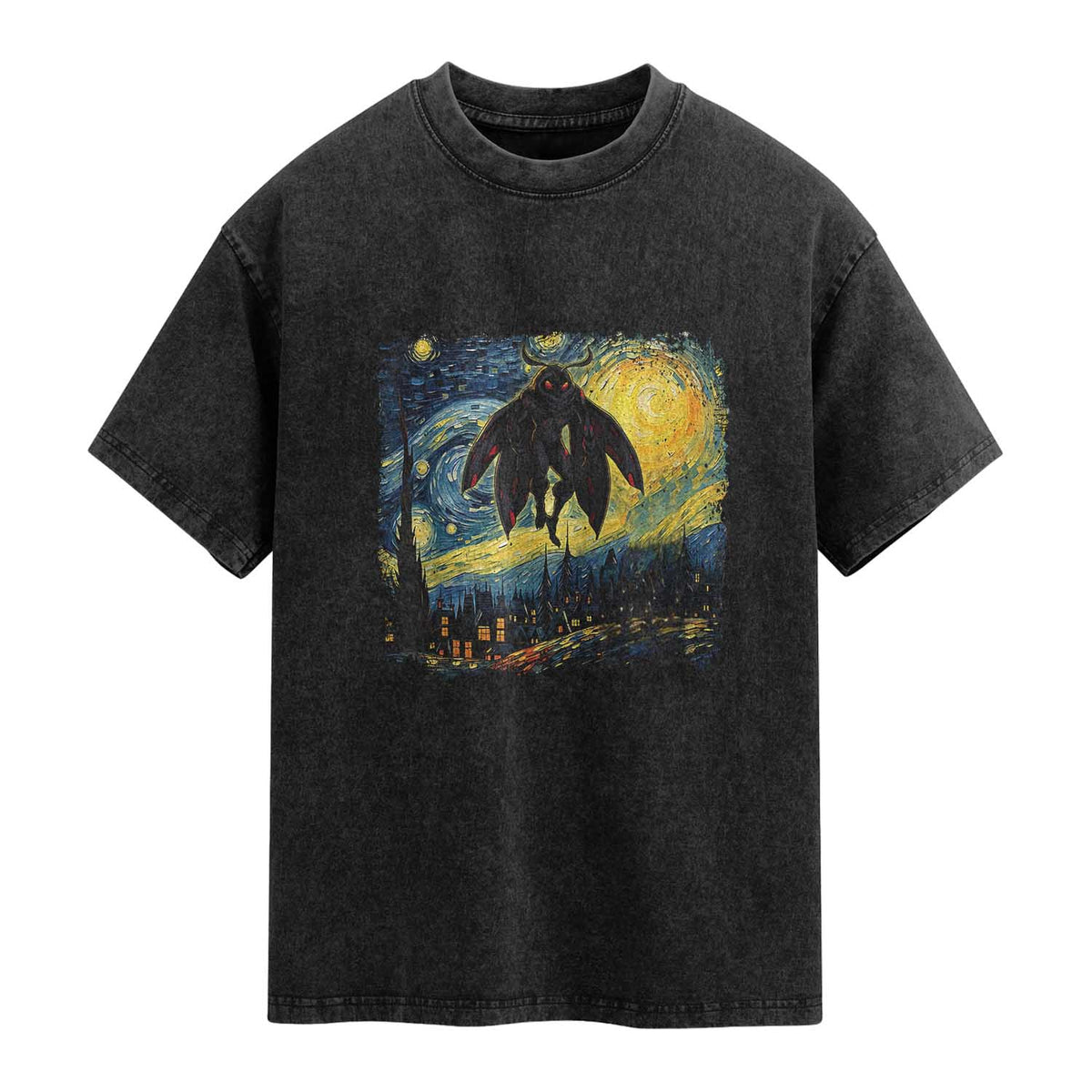 Mothman Washed Cotton T-Shirt Starry Night Van Gogh Cryptid Lover TS10 Black Print Your Wear