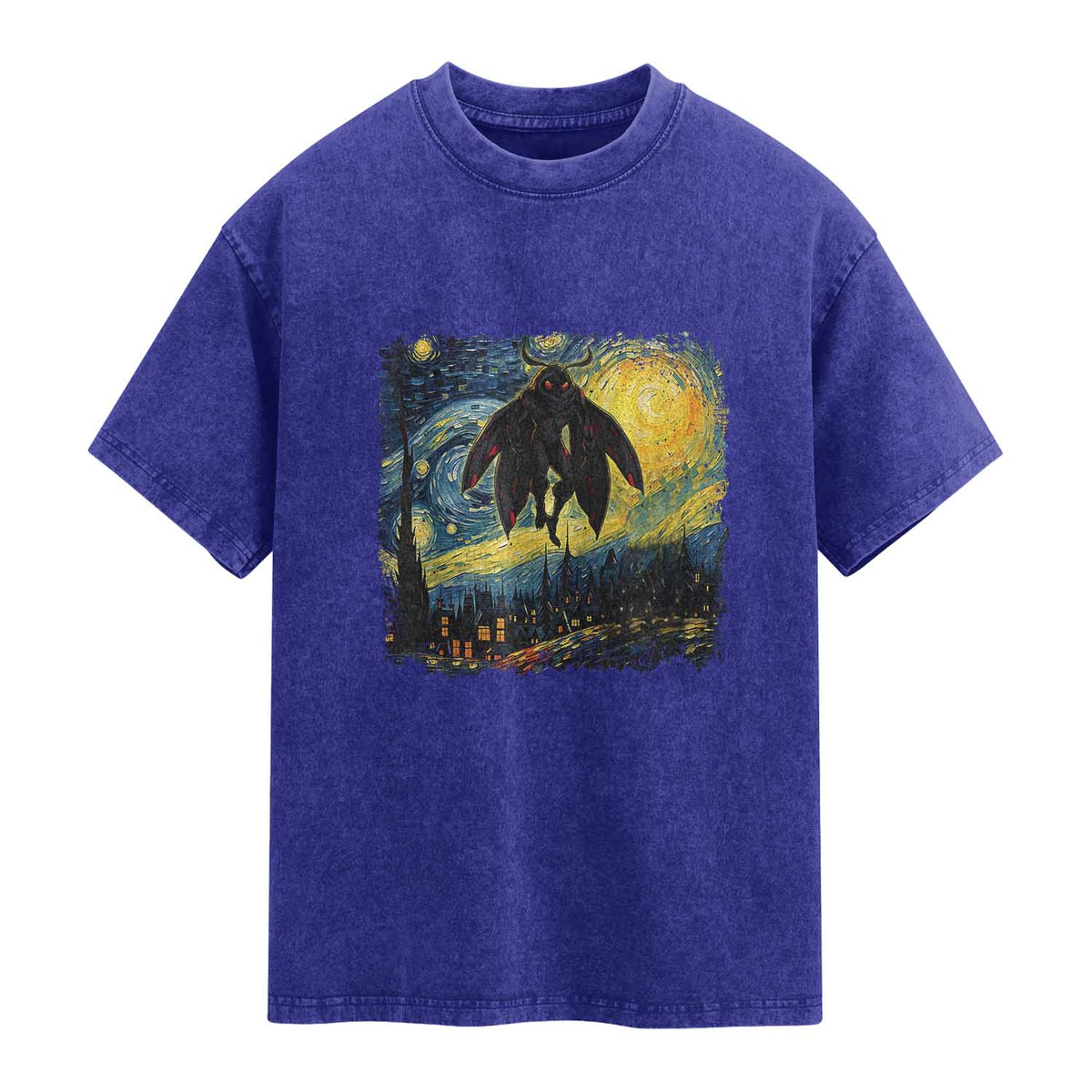 Mothman Washed Cotton T-Shirt Starry Night Van Gogh Cryptid Lover TS10 Indigo Blue Print Your Wear