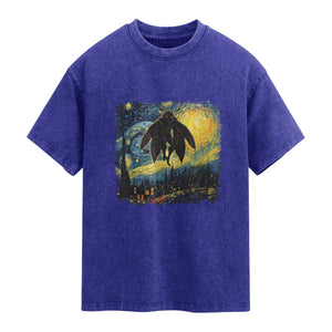 Mothman Washed Cotton T-Shirt Starry Night Van Gogh Cryptid Lover TS10 Indigo Blue Print Your Wear