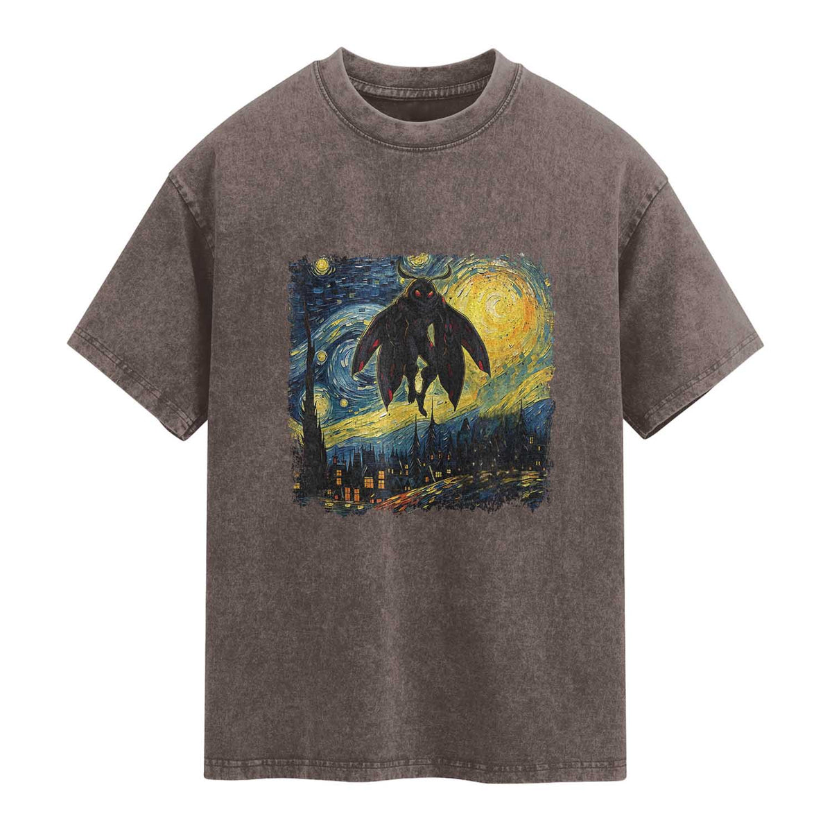 Mothman Washed Cotton T-Shirt Starry Night Van Gogh Cryptid Lover TS10 Brown Print Your Wear