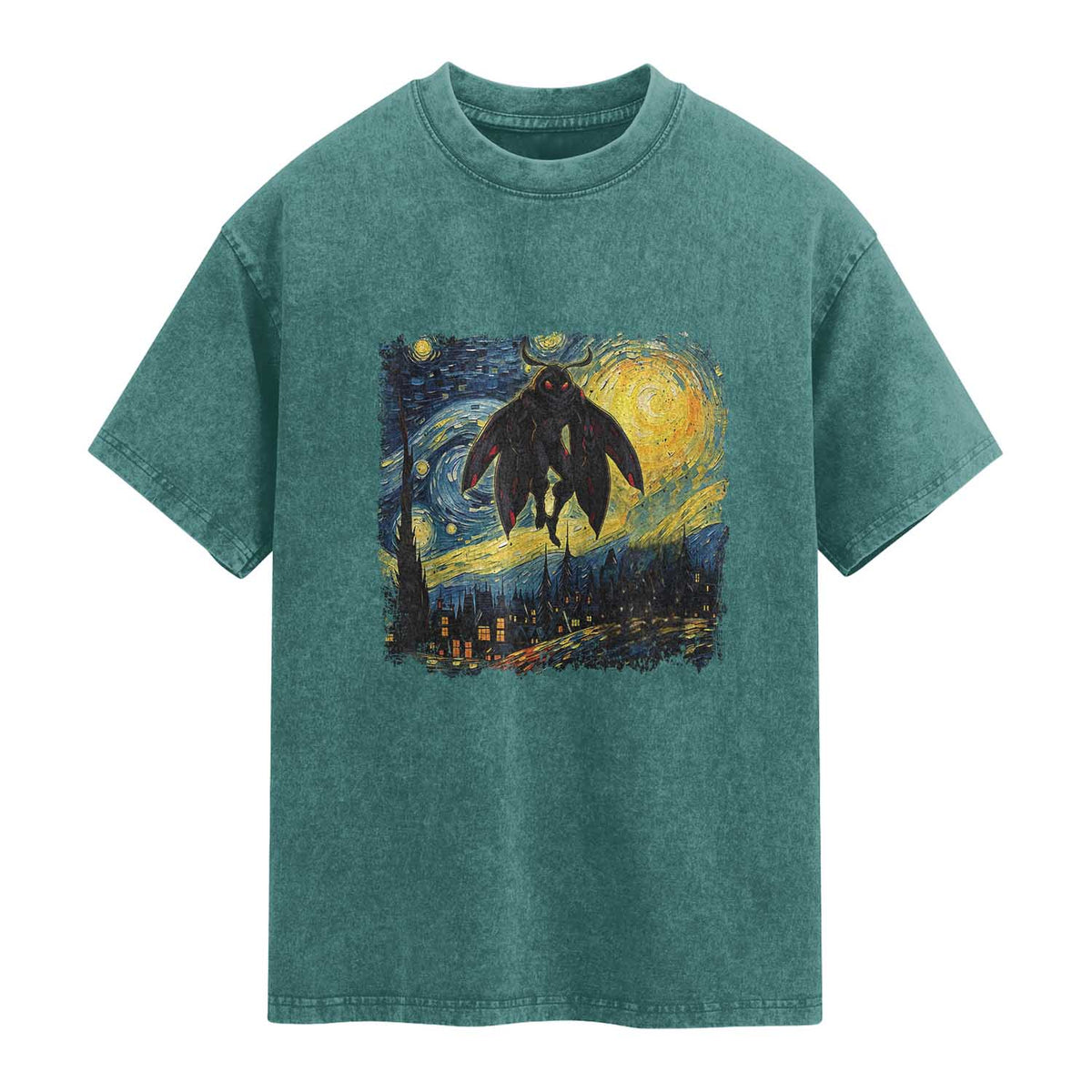 Mothman Washed Cotton T-Shirt Starry Night Van Gogh Cryptid Lover TS10 Teal Green Print Your Wear