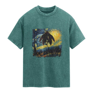 Mothman Washed Cotton T-Shirt Starry Night Van Gogh Cryptid Lover TS10 Teal Green Print Your Wear