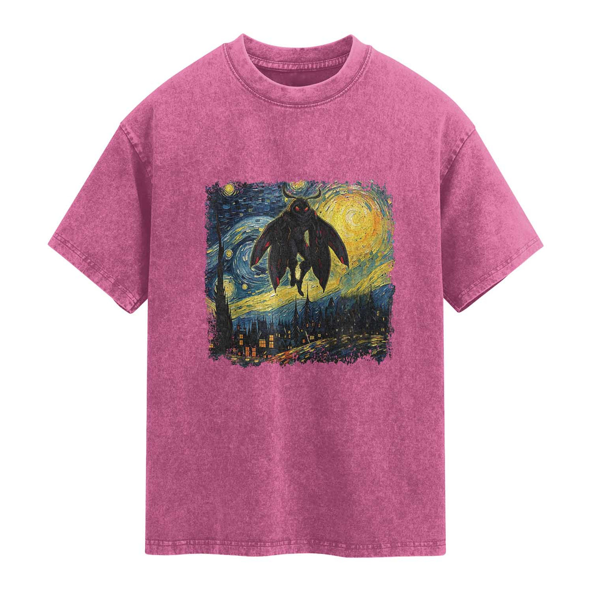 Mothman Washed Cotton T-Shirt Starry Night Van Gogh Cryptid Lover TS10 Magenta Print Your Wear