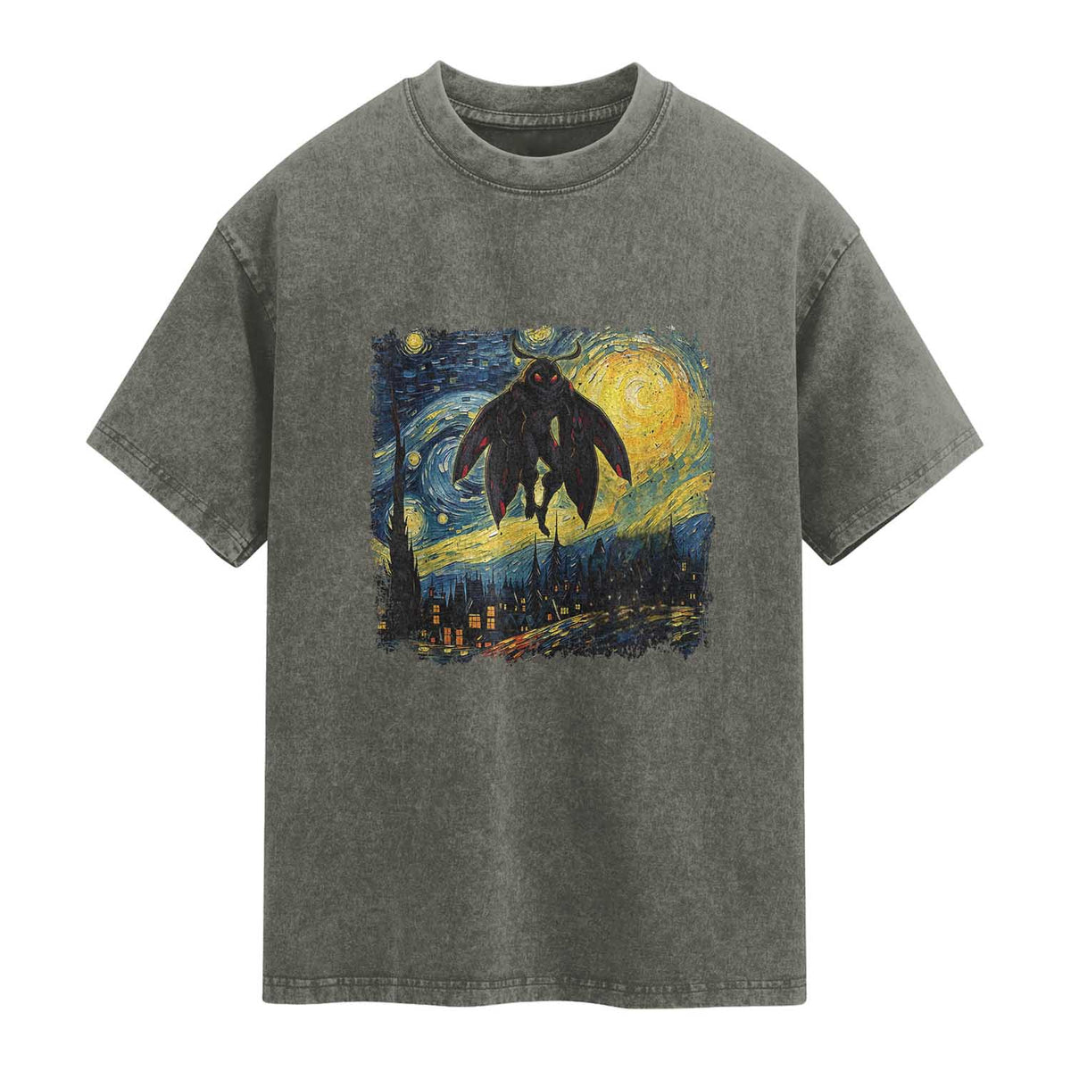 Mothman Washed Cotton T-Shirt Starry Night Van Gogh Cryptid Lover TS10 Olive Green Print Your Wear