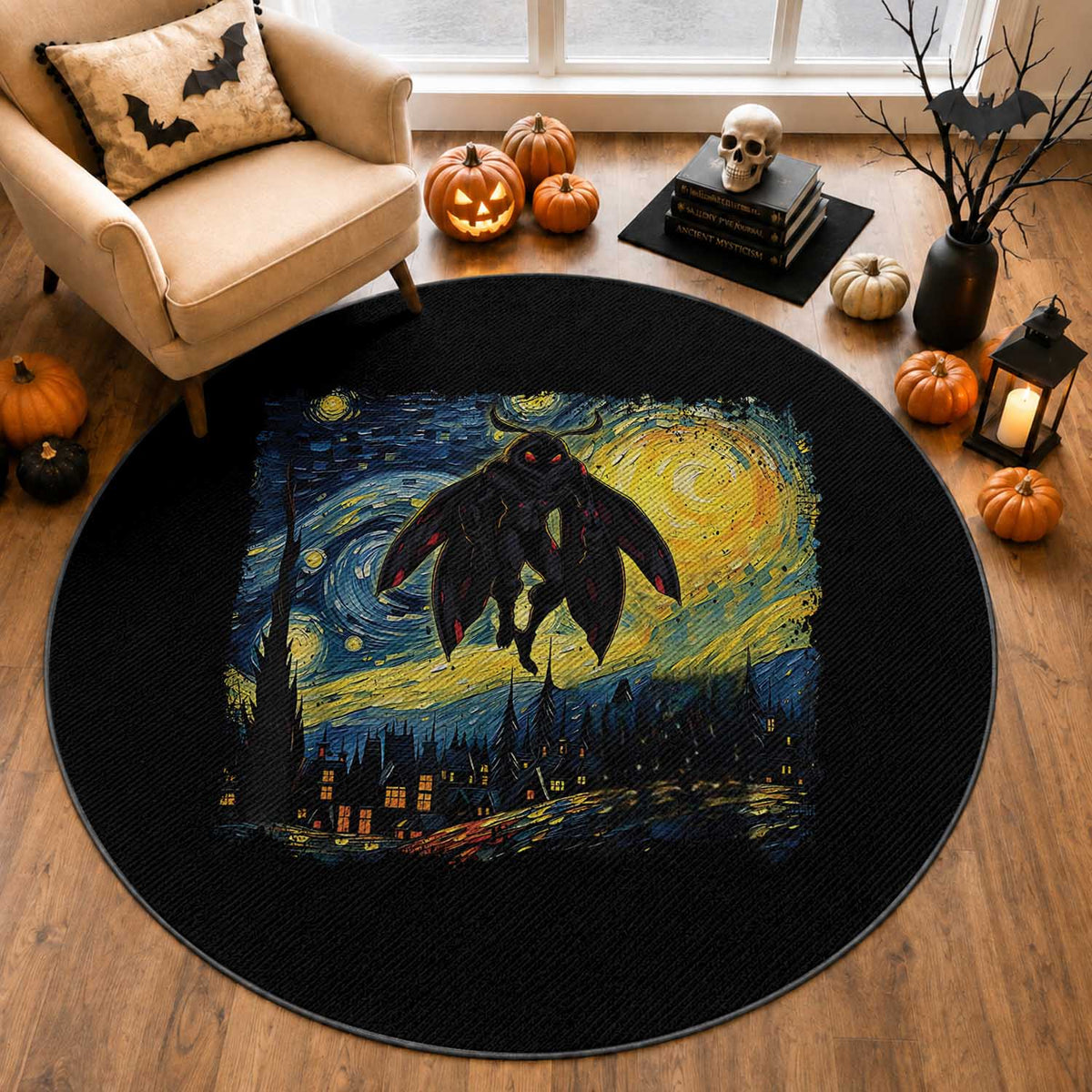 Mothman Round Rug Starry Night Van Gogh Cryptid Lover