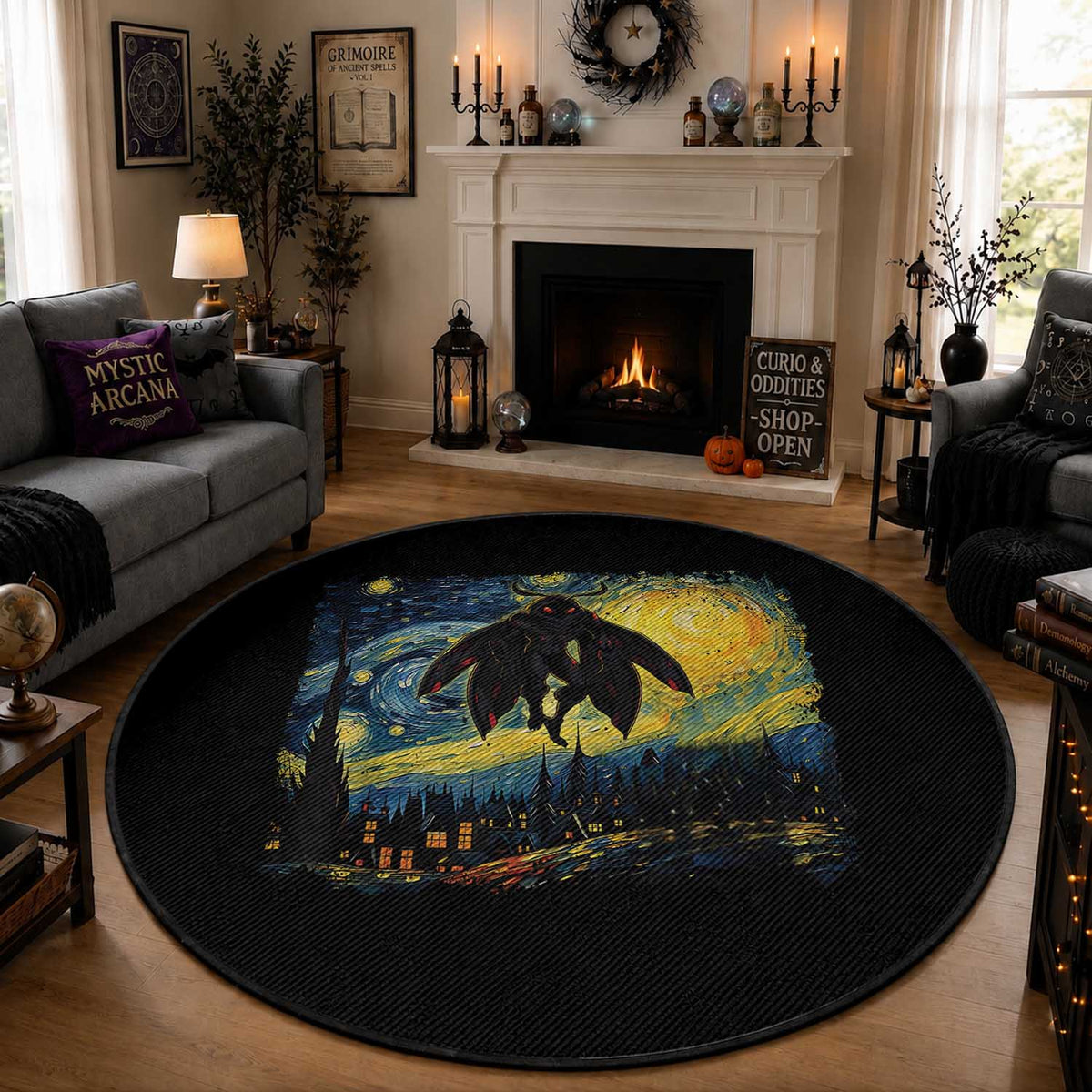 Mothman Round Rug Starry Night Van Gogh Cryptid Lover