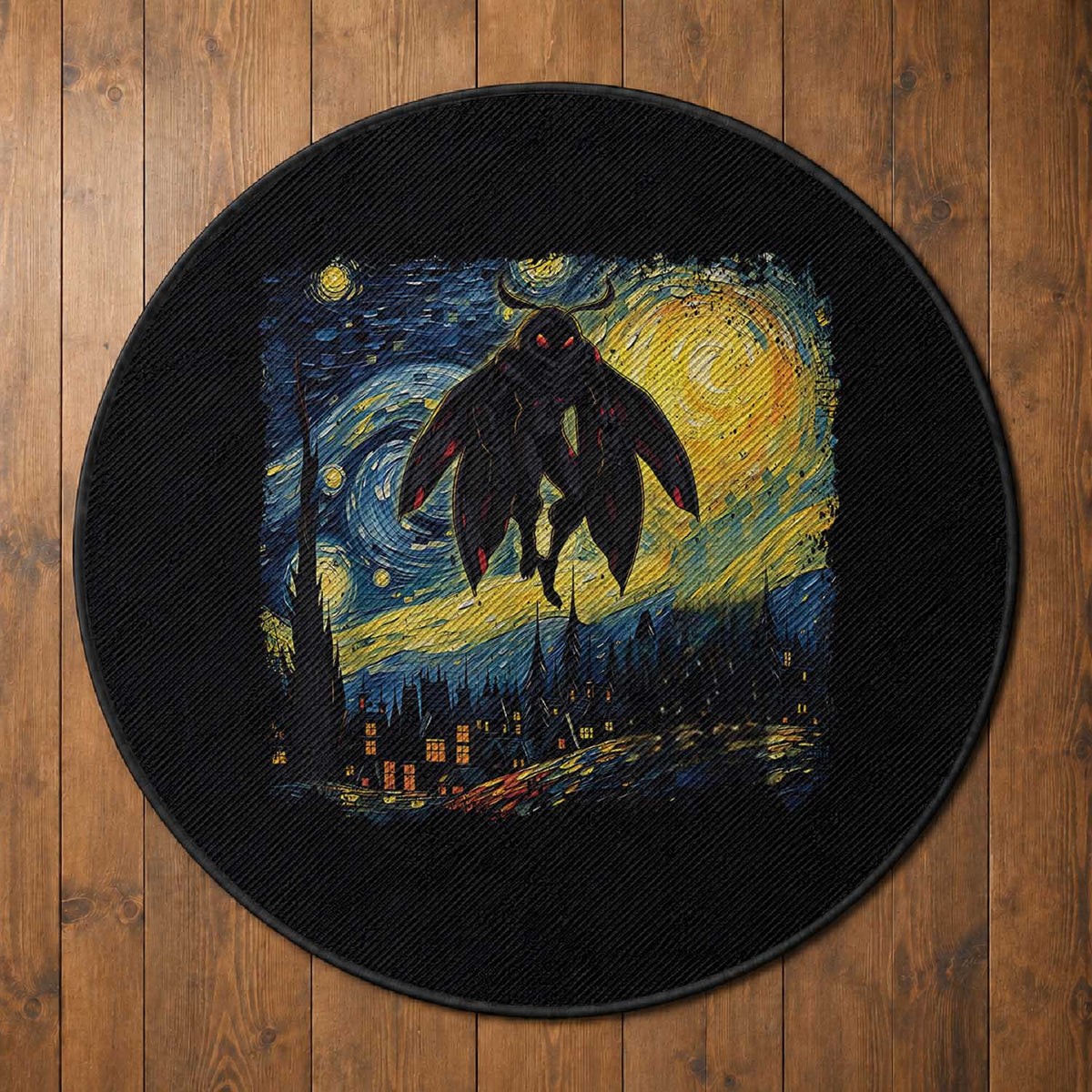 Mothman Round Rug Starry Night Van Gogh Cryptid Lover