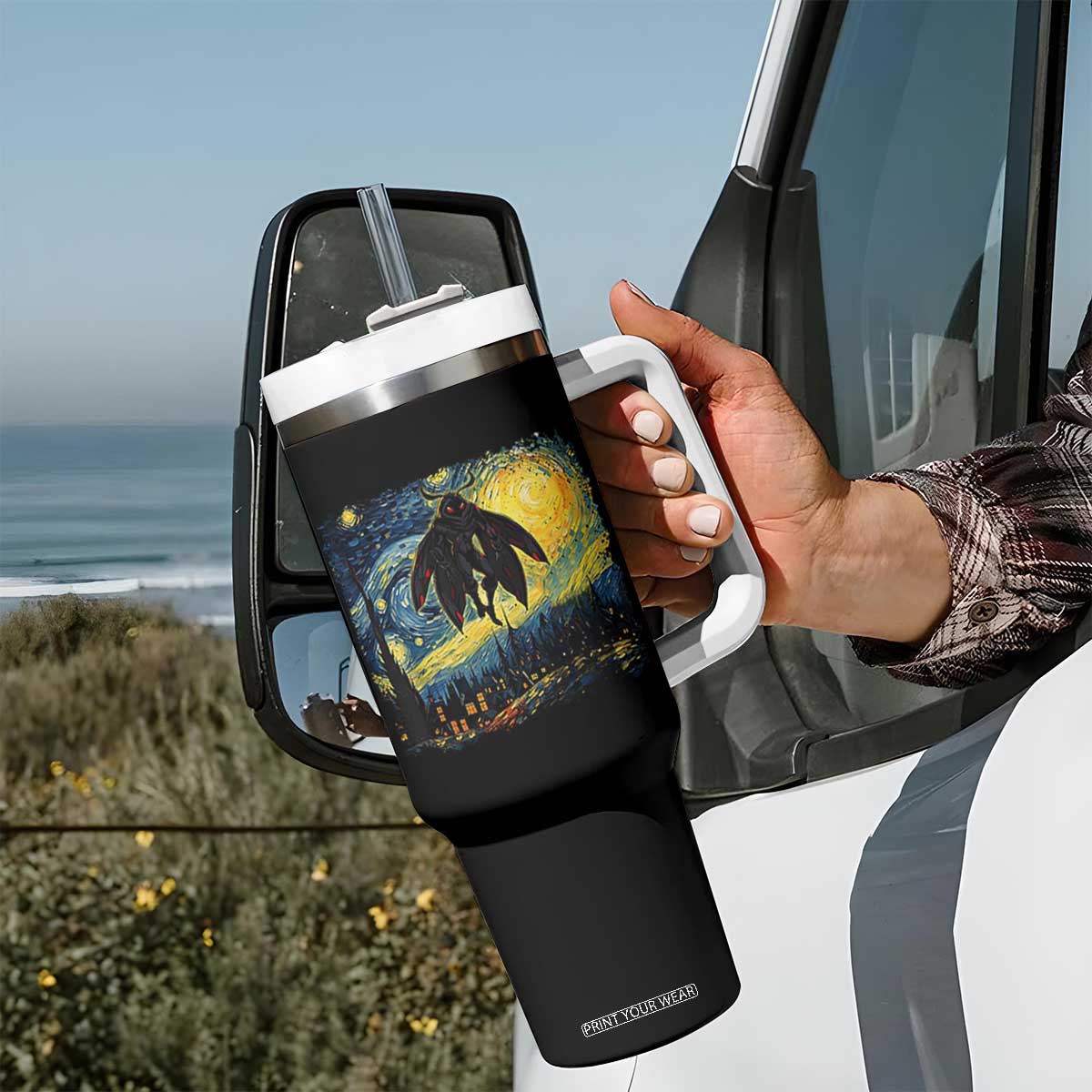 Mothman Tumbler With Handle Starry Night Van Gogh Cryptid Lover TS10 Print Your Wear