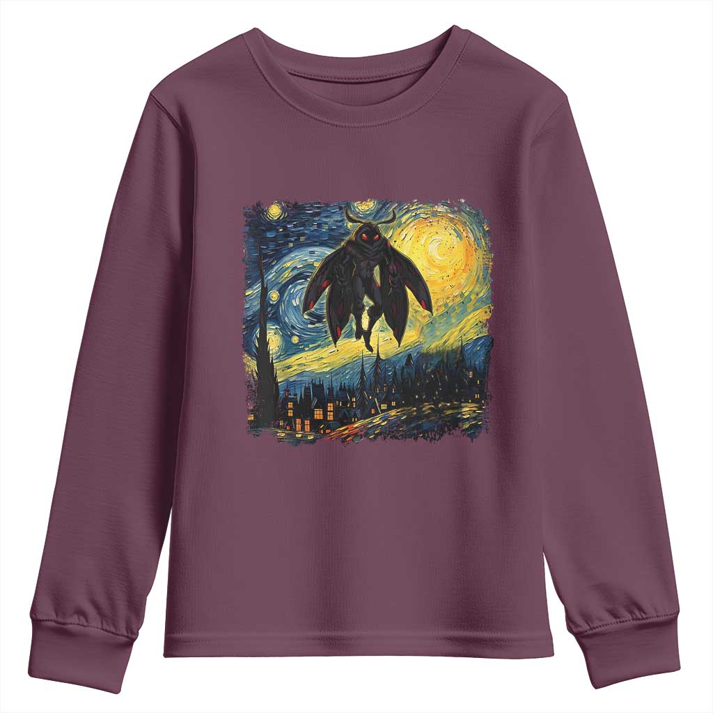 Mothman Youth Sweatshirt Starry Night Van Gogh Cryptid Lover TS10 Maroon Print Your Wear