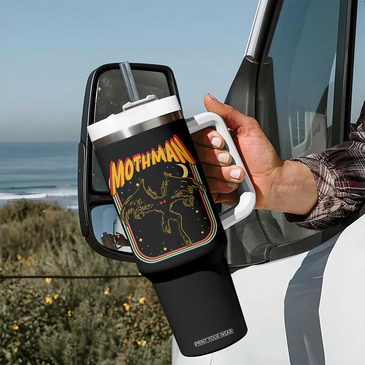 Retro Mothman Tumbler With Handle Vintage Comicbook Style Cryptid Lore Cryptozoology TS10 Print Your Wear