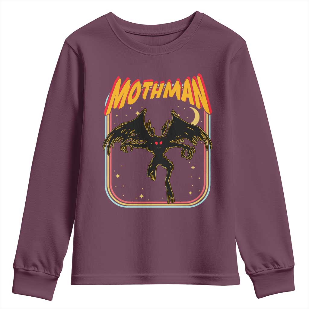 Retro Mothman Youth Sweatshirt Vintage Comicbook Style Cryptid Lore Cryptozoology TS10 Maroon Print Your Wear